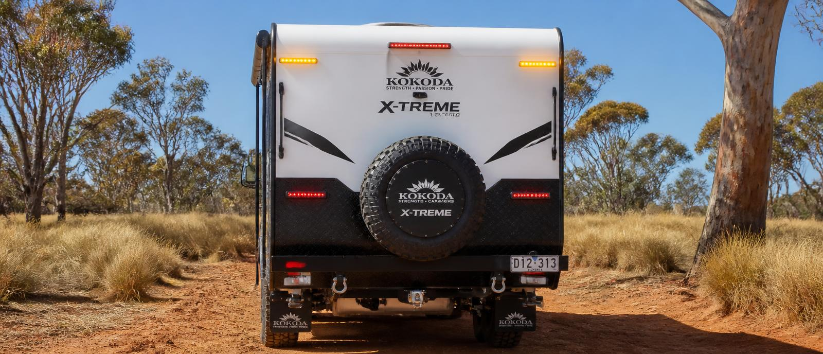 Kokoda X-Treme caravan rear view in the Australian outback with LED marker lights