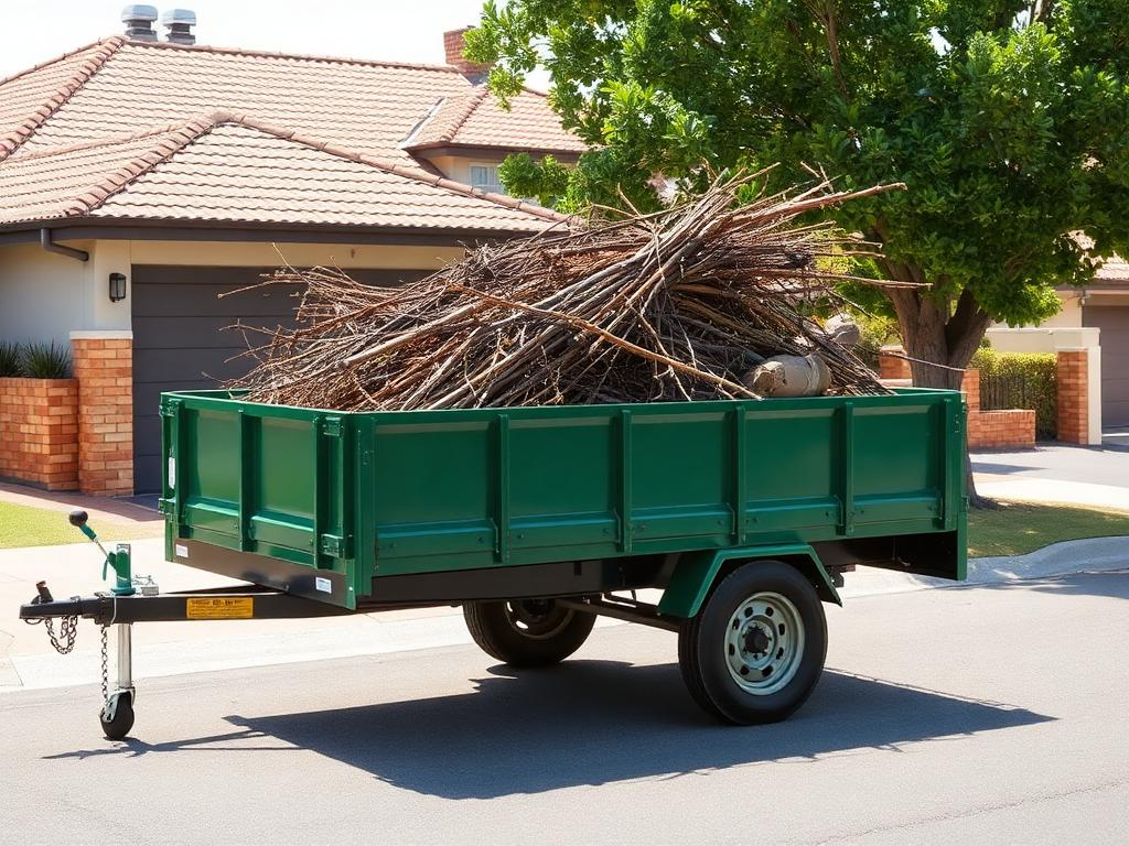 Green Australian garden box trailer loaded with branches in a Perth suburb