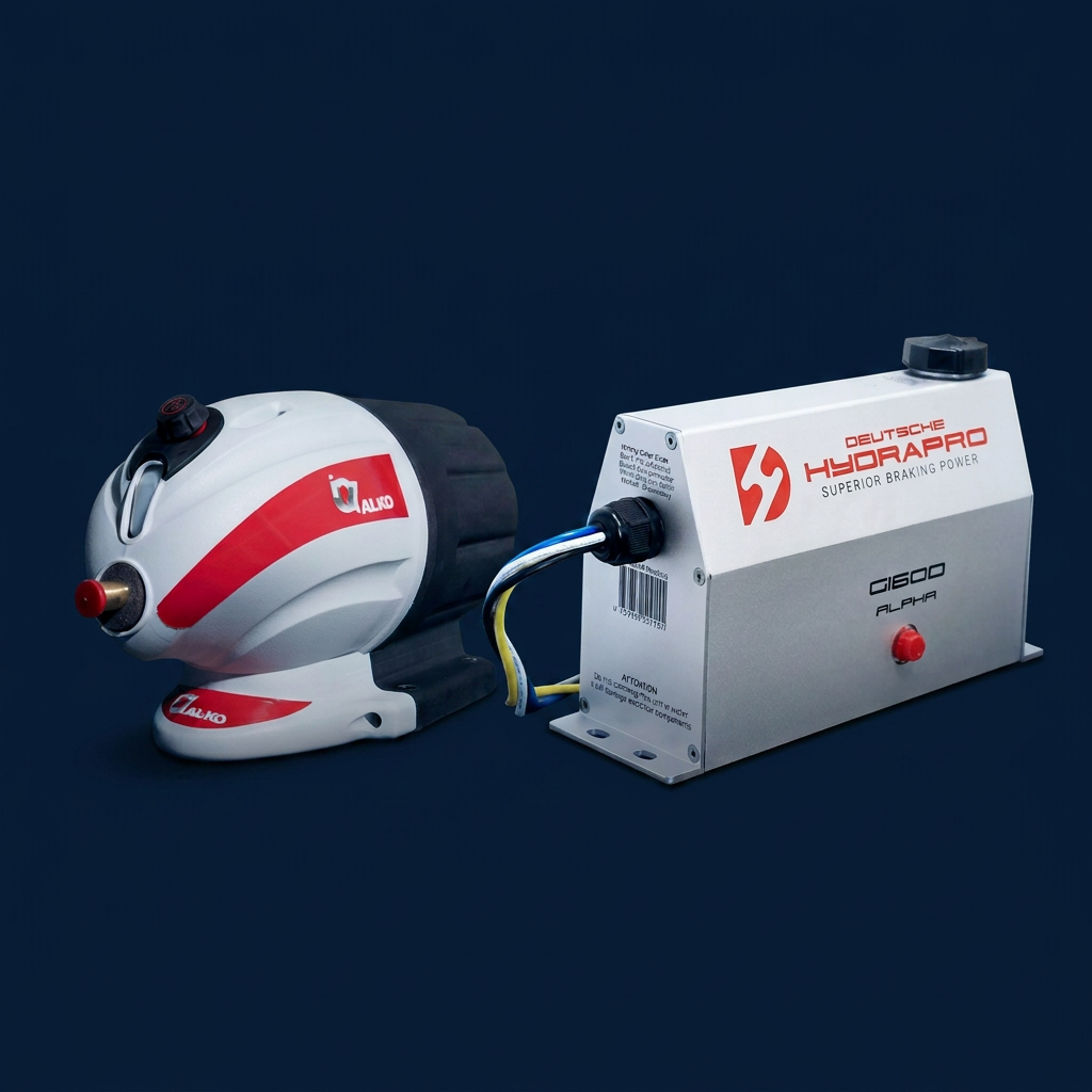 AL-KO and HydraStar trailer emergency brake actuators on a dark industrial background