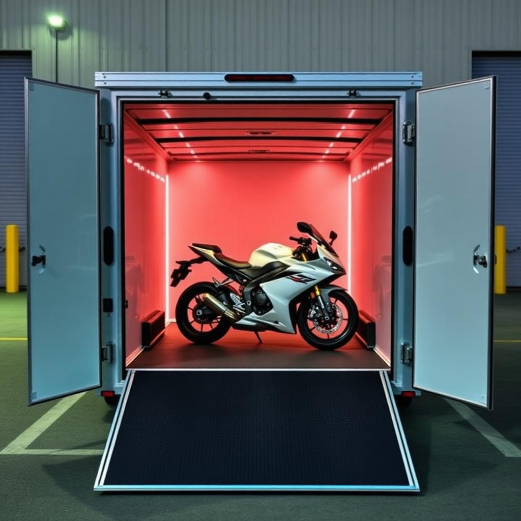 Enclosed motorbike trailer with red LED interior lighting and a white sports bike on the ramp