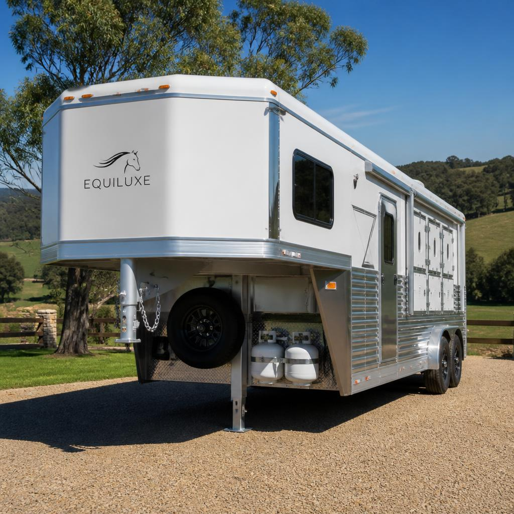 White Equiluxe horse float trailer with living quarters and LED marker lights