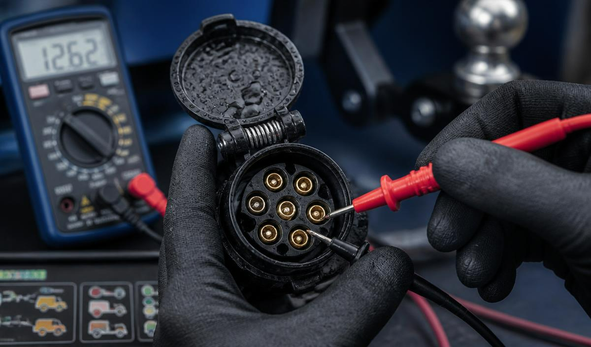 Auto electrician testing a wet 7-pin round trailer plug with a digital multimeter