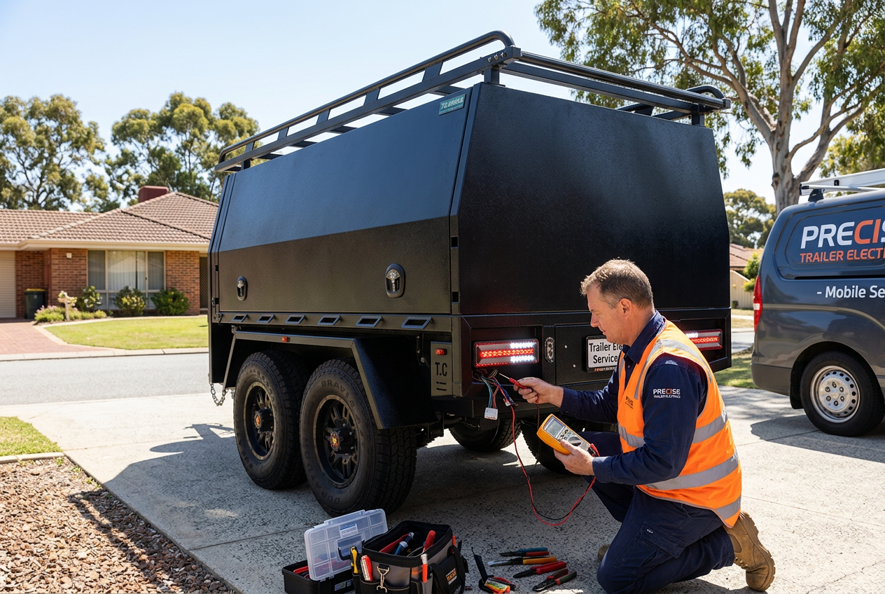 Auto electrician testing trailer wiring with a multimeter
