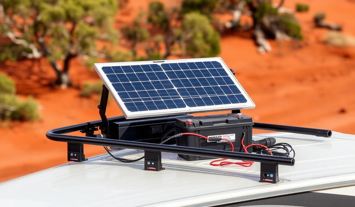 Solar panel and controller mounted on a caravan charging a breakaway battery